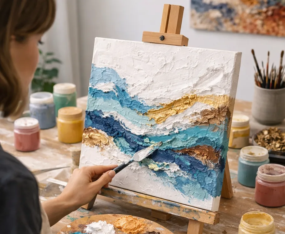 Person malt strukturierte abstrakte Kunst mit Spachtel.