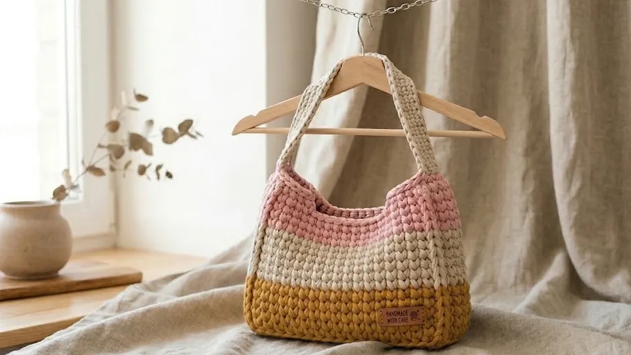 Bunt gehäkelte Tasche an Holzkleiderbügel hängend.