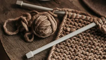 Garn und Nadeln, Strickarbeit auf Holztisch.