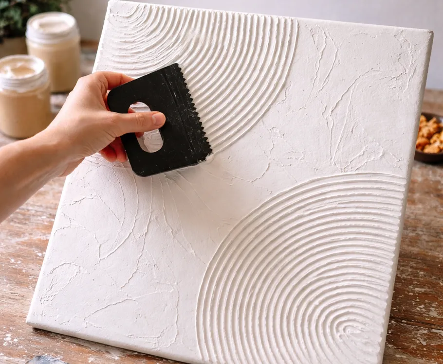 Hand creating texture on white canvas.