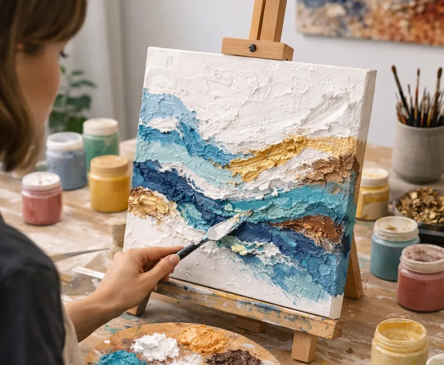 Person painting textured canvas with a palette knife.