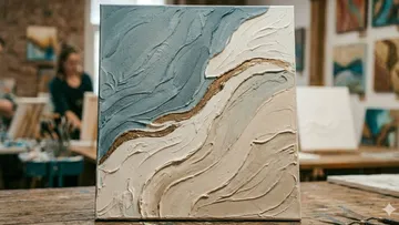Textured abstract painting on easel in studio.