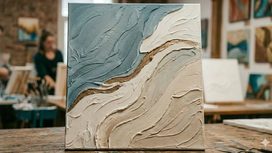 Textured abstract painting on easel in studio.