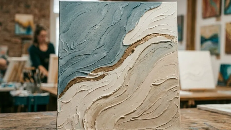 Abstract painting with textured waves in an art studio.