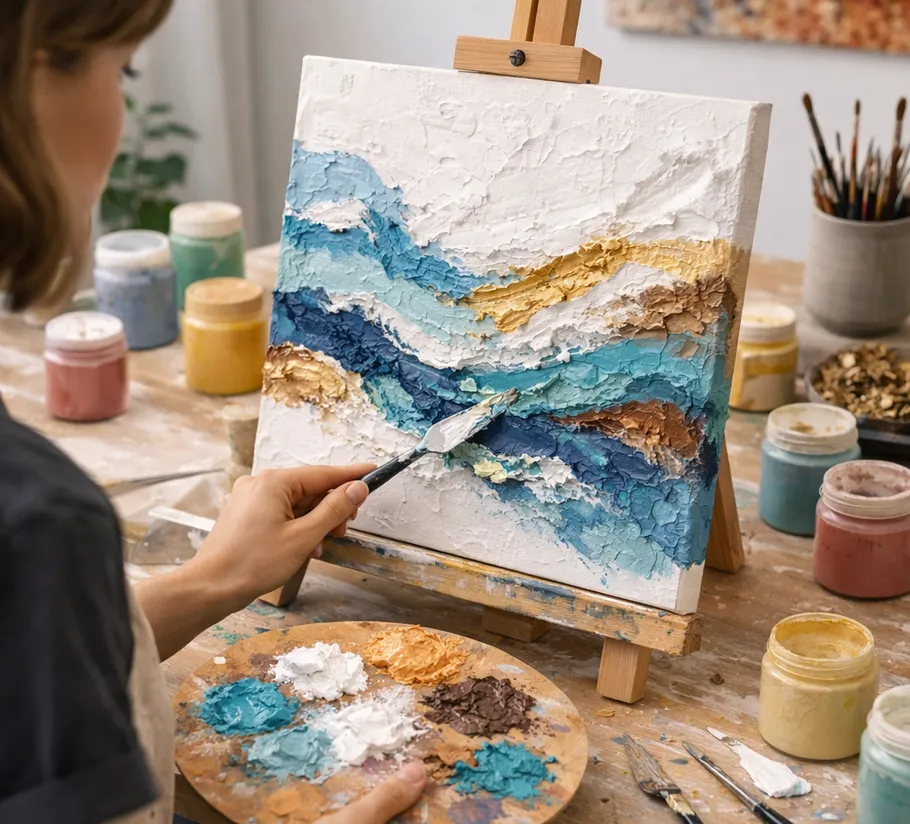 Person painting textured landscape on canvas.