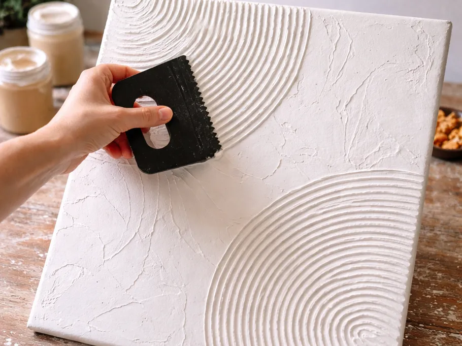 Hand creating textured pattern on canvas.