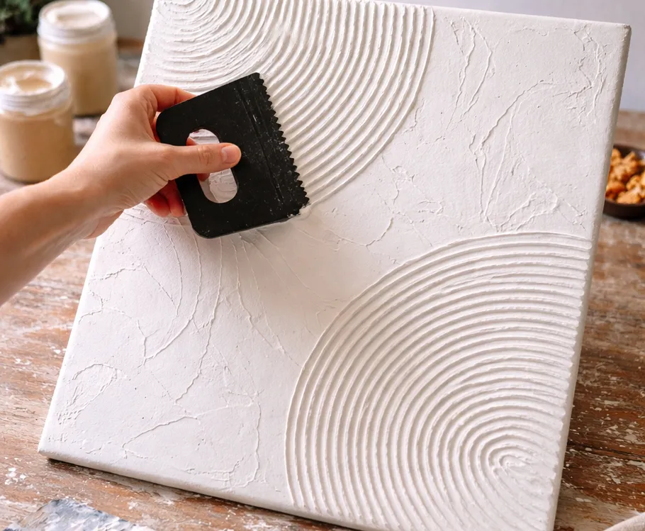 Hand using tool to texture white canvas.