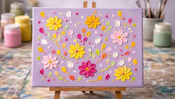 Buntes Blumen-Gemälde auf Staffelei drinnen.