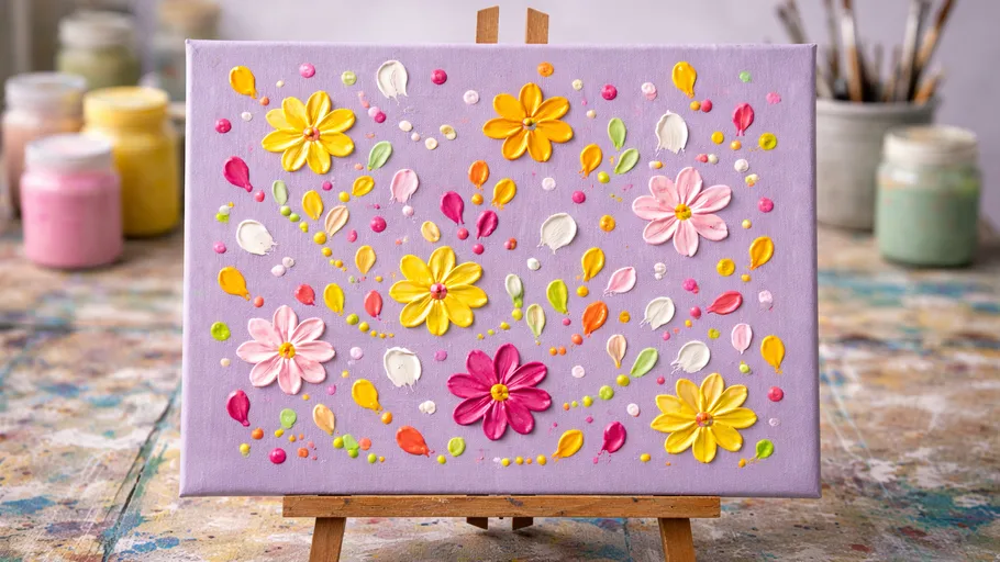 Buntes Blumen-Gemälde auf Staffelei drinnen.