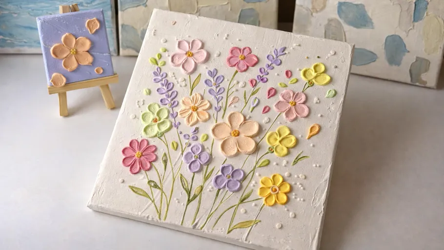 Flower-themed textured paintings on display.