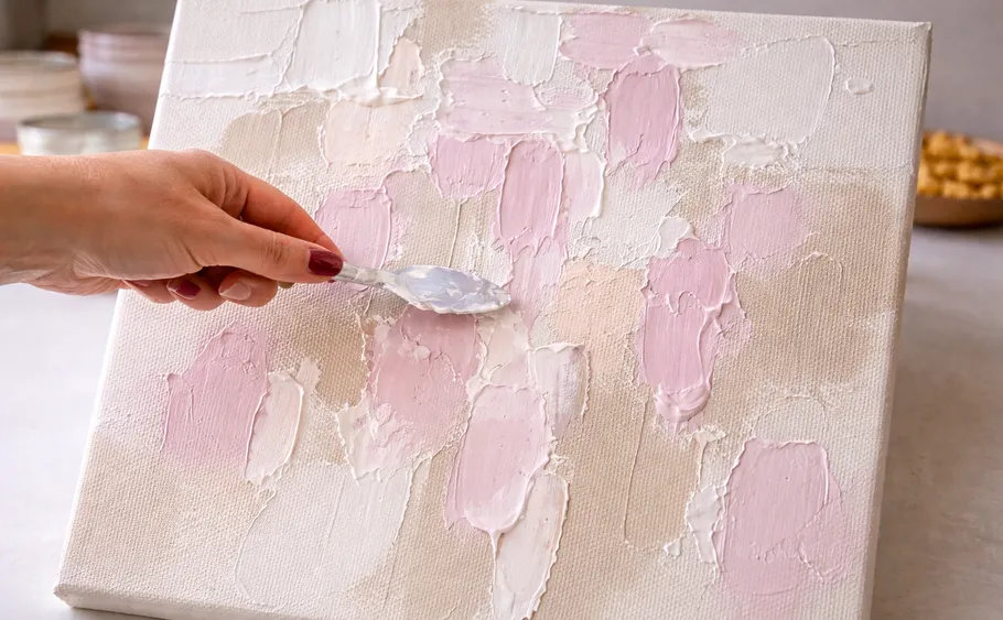 Hand trägt Farbe mit Spachtel auf Leinwand auf.