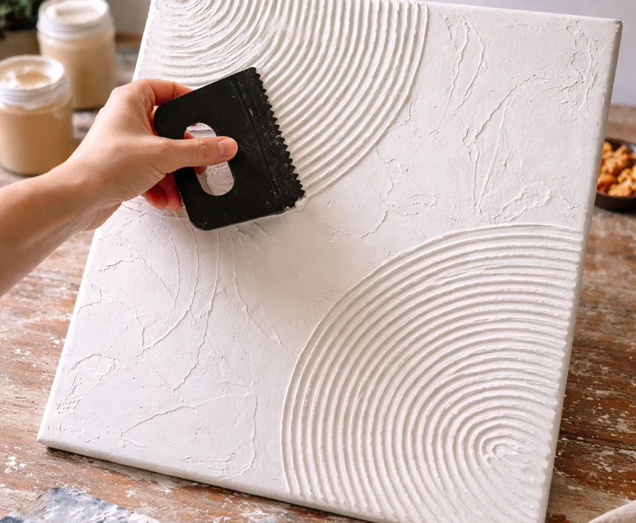 Hand creates texture with tool on canvas.