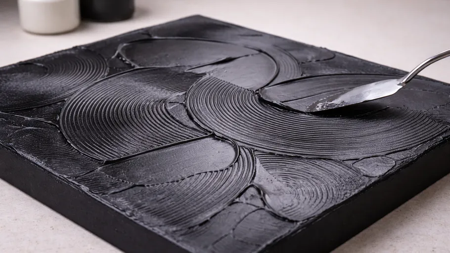 Black textured art being sculpted with spatula.