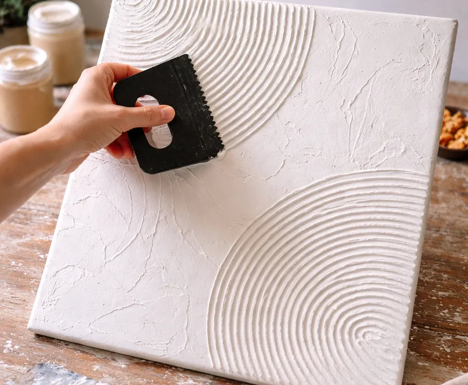 Hand creating texture on canvas with scraper.