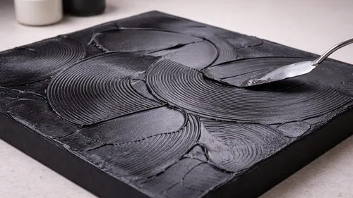 Palette knife creating textured patterns on black canvas.