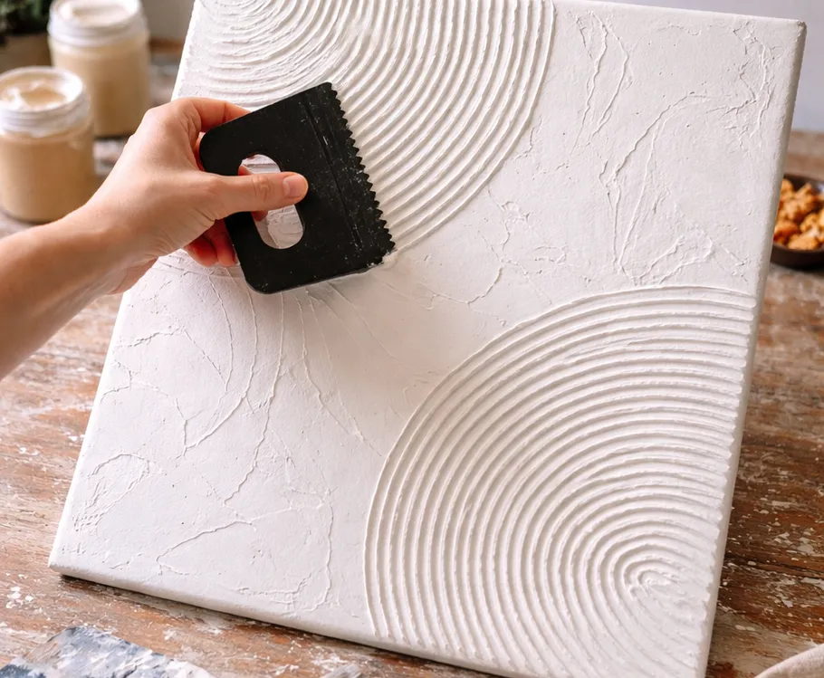 Hand creating textured pattern on canvas.
