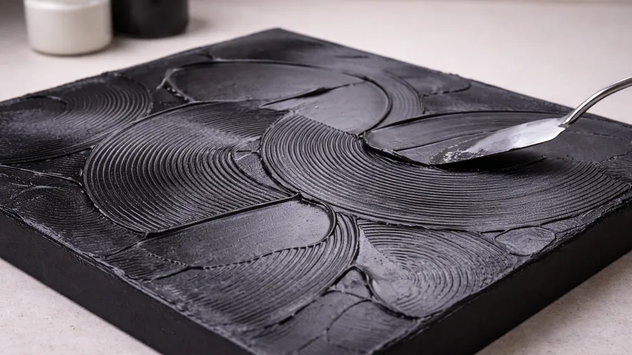 Black textured artwork with metal tool.