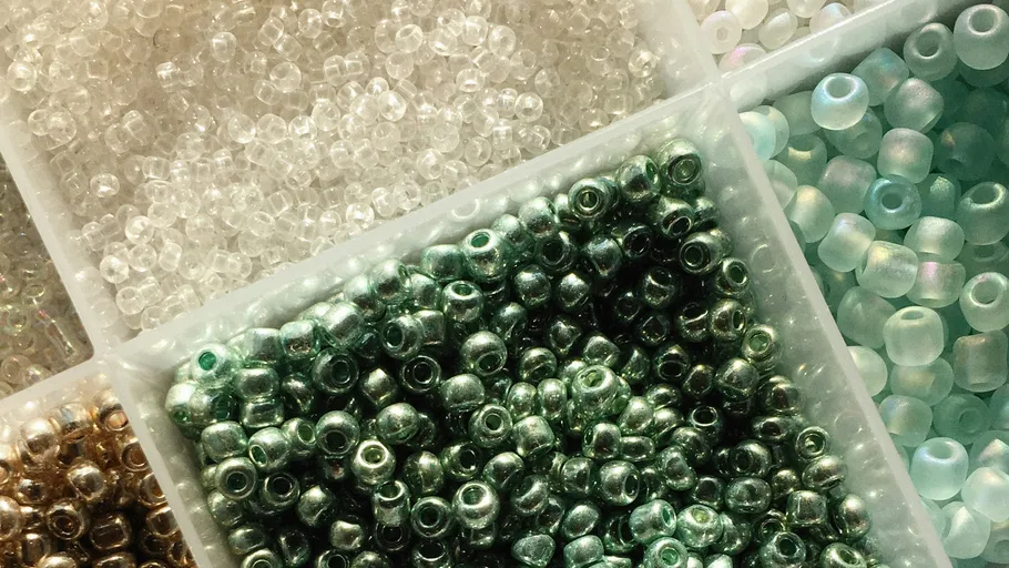 Various seed beads in compartmentalized container.