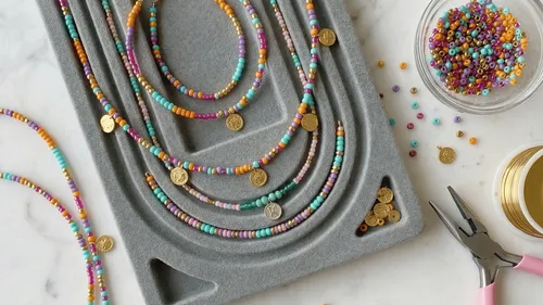 Colorful beaded necklaces on grey jewelry tray.