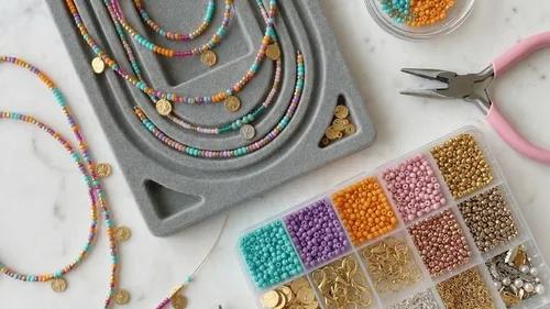 Colorful beaded necklaces on crafting board, tools nearby.