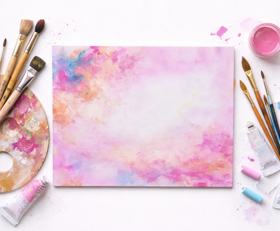 Abstraktes Gemälde mit Pinseln und Palette.