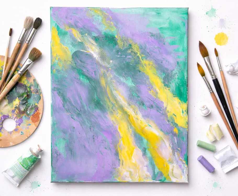 Abstract painting with brushes and palette.