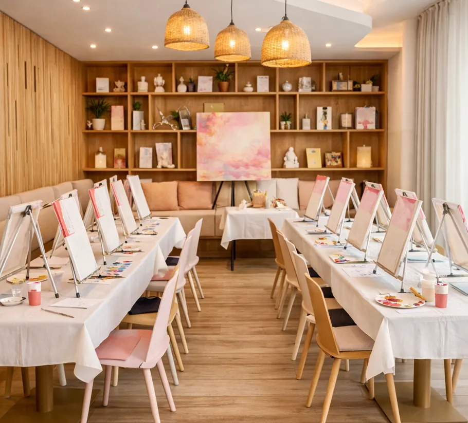 Art studio with easels and paintings on tables.