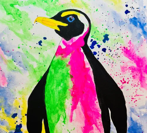 Colorful painting of a penguin with vibrant splashes.