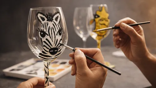 Hands painting animal faces on wine glasses.