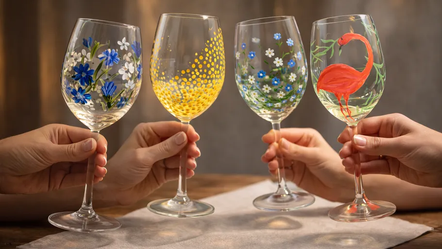 Hands holding painted wine glasses together.