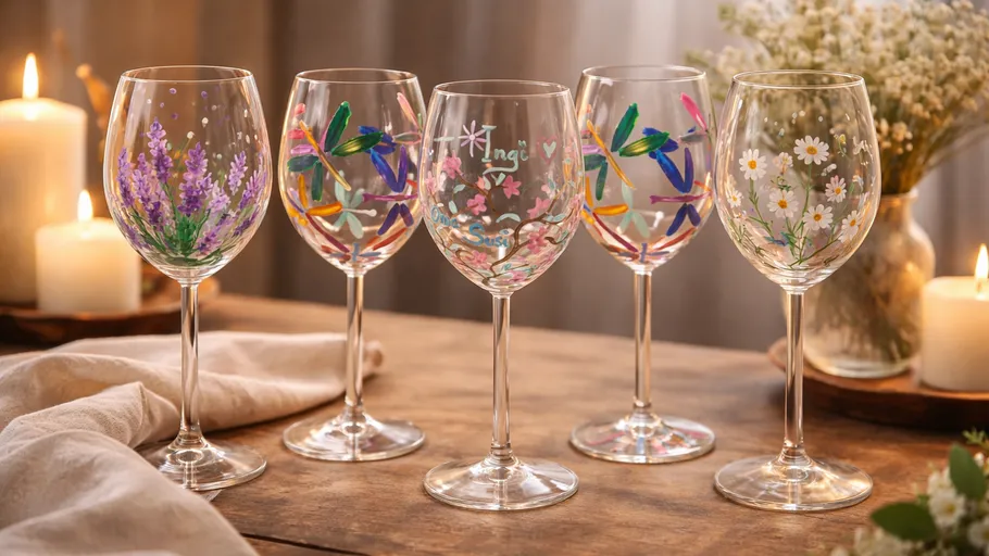 Five painted wine glasses on wooden table.