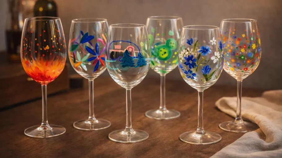 Decorated wine glasses on wooden table.