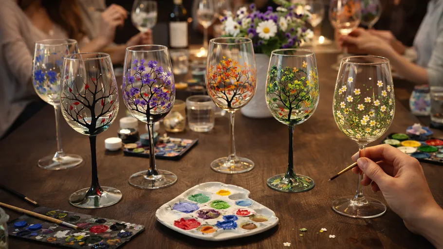 Hand painting wine glasses with floral designs.