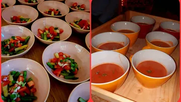 Bowls with chopped vegetables; bowls with tomato soup.