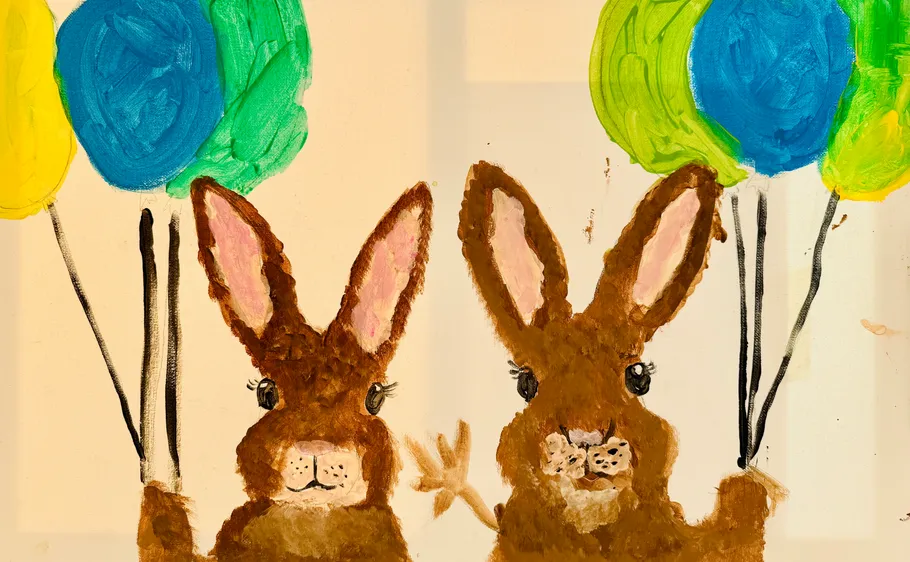 Two rabbits hold colorful balloons, painted art.