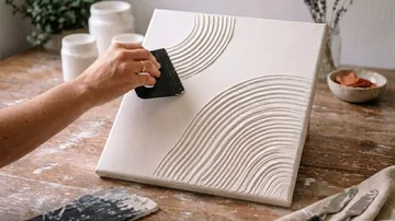 Person creating textured art on canvas with tool.