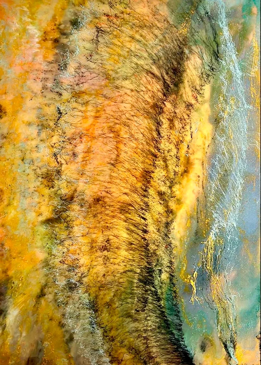 Abstract painting with swirling colors and textures.