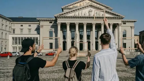 Four people holding frames, standing before a grand building.