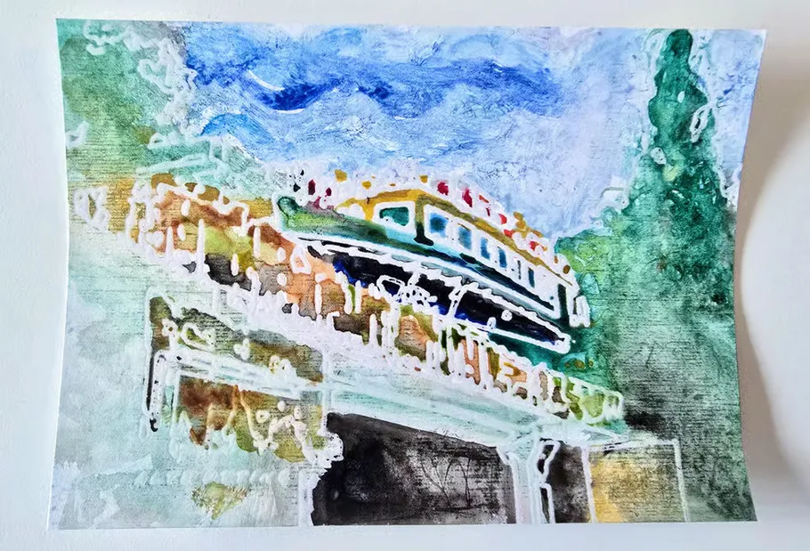 Colorful abstract painting of a train and trees.