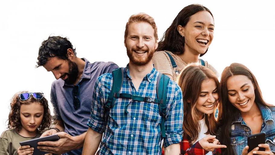 Group of diverse people using smartphones outdoors.