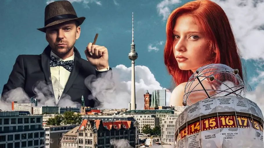 Stylish man and woman over Berlin skyline.
