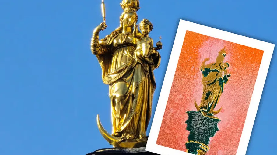 Golden statue of Madonna and Child with artwork.