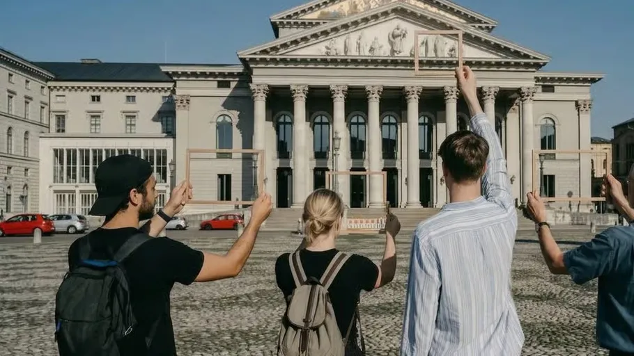 Vier Personen halten leere Rahmen vor Gebäude.