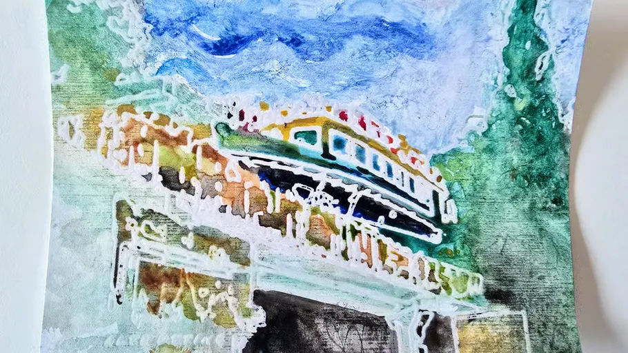 Abstract painting of a train on a bridge.