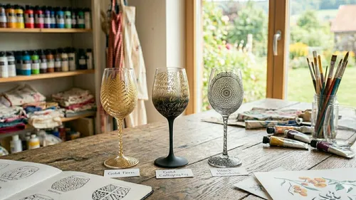 Decorated wine glasses on wooden table.