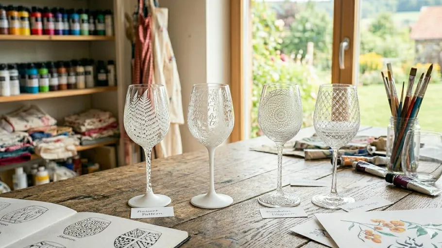 Decorated wine glasses on artistic wooden table.