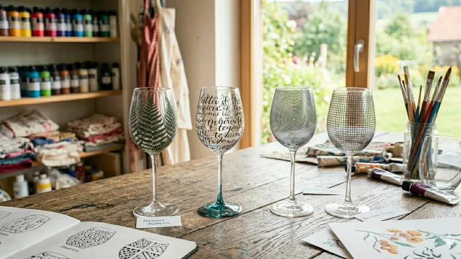 Decorated wine glasses on a wooden table.
