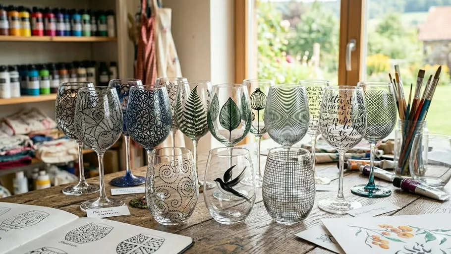 Painted wine glasses on wooden table in studio.