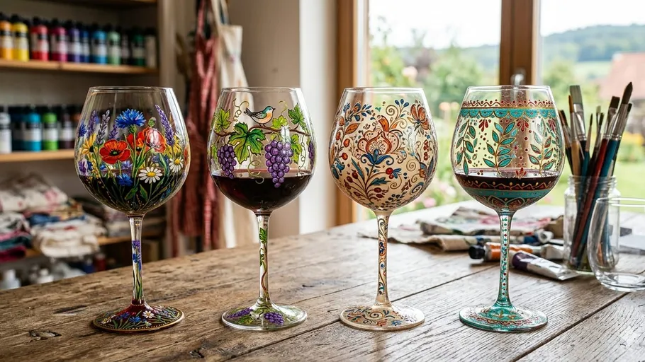 Decorative wine glasses on wooden table.