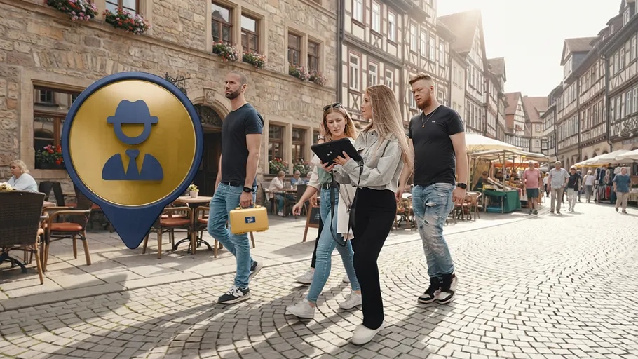 People walking in old town with virtual map.